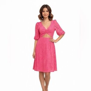 NSR Pink Lace Midi Dress Size Small Puff Sleeve Cutout Feminine Occasion Dress